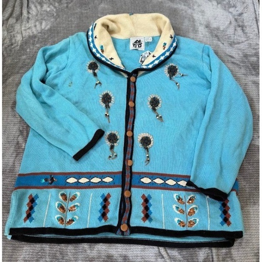 Storybook Knits Turquoise Southwestern Beaded Cardigan Sweater Shawl Collar XL